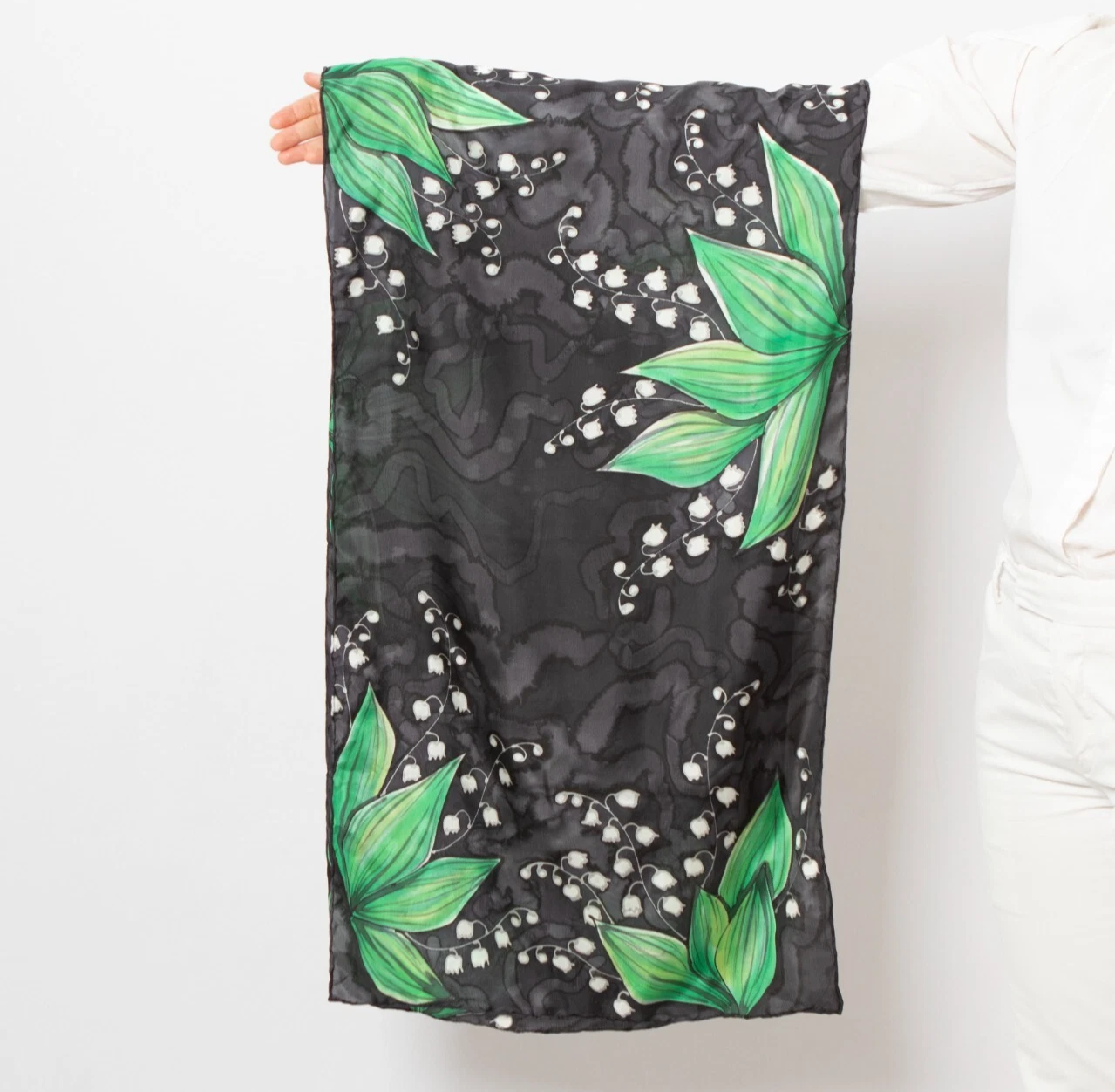 Lily of The Valley Hand Painted Black Silk Scarf Mom Gift May Gift Long Scarf