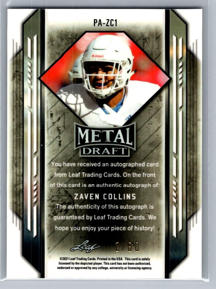 2021 Leaf Metal Draft #PA-ZC1 Zaven Collins /60 Silver Marble AUTO - Image 2 of 2
