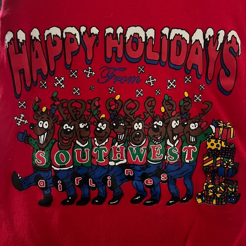 VTG Southwest Airlines Red Womens Christmas Employee T-Shirt Holiday Reindeer SM