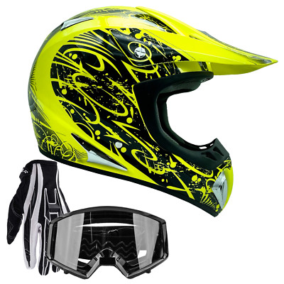 Adult Yellow Hi-Viz Motocross Helmet Combo Gloves Goggles ATV UTV MX Off-Road