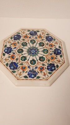 White Marble Coffee Table Top Multicolor Stone Inlaid Work Corner Table 13 Inch