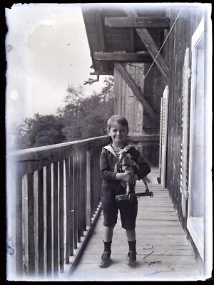 Young Boy On Balcony PHOTO NEGATIVE C1920 On Vintage Glass Plate