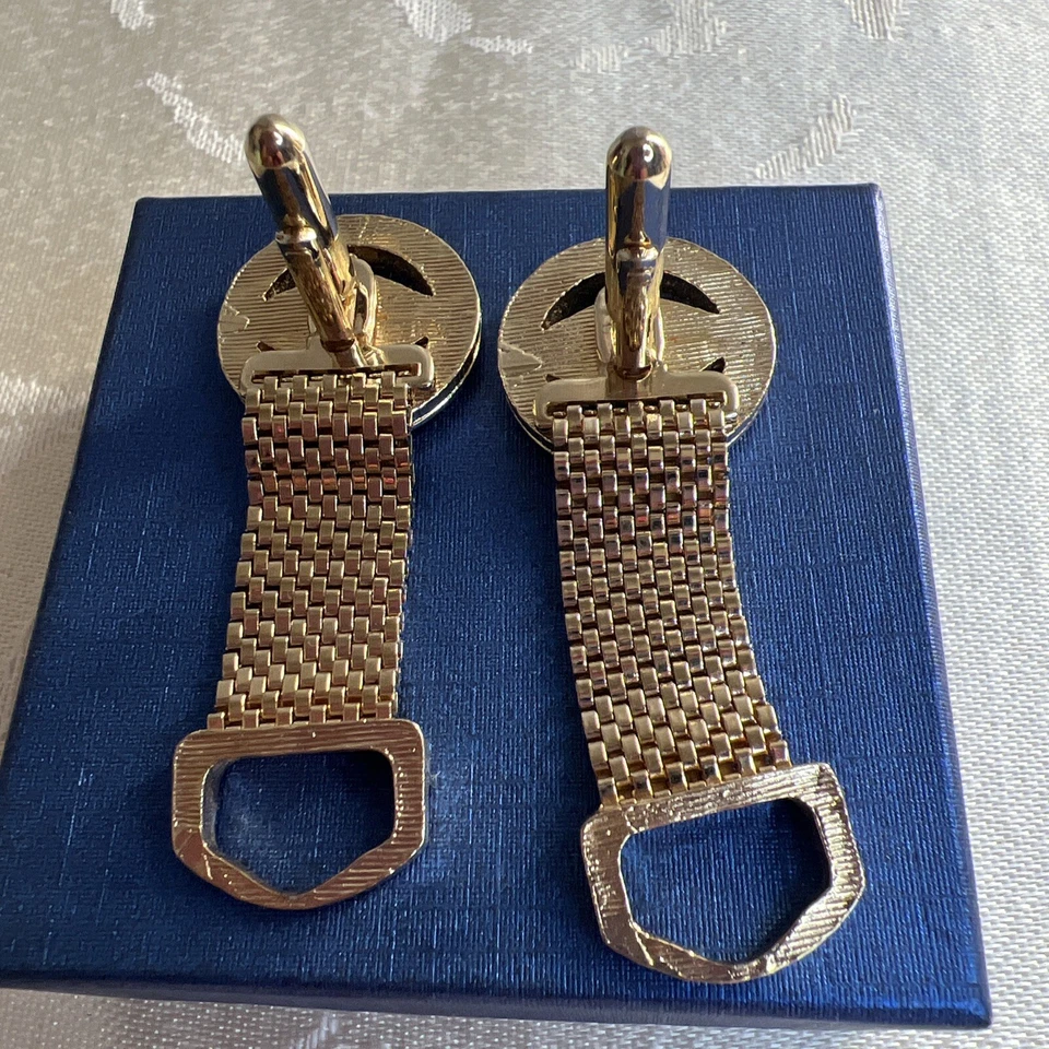 Green Jade Mesh Wrap Gold Tone Cufflinks Quilted Diamond Plate Round Vintage N1 - Image 3 of 4