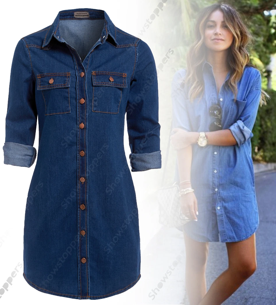 NEW Womens Longline Denim Shirt Dress Ladies Jean Dresses Size 6 8 10 12 14  Blue