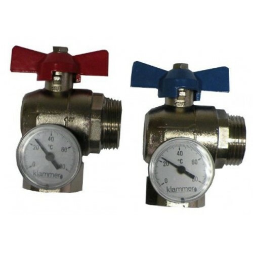 Kit Valvole a Sfera 1" 90° M/F Termometri Blu/Rosso CW617N per Collettori