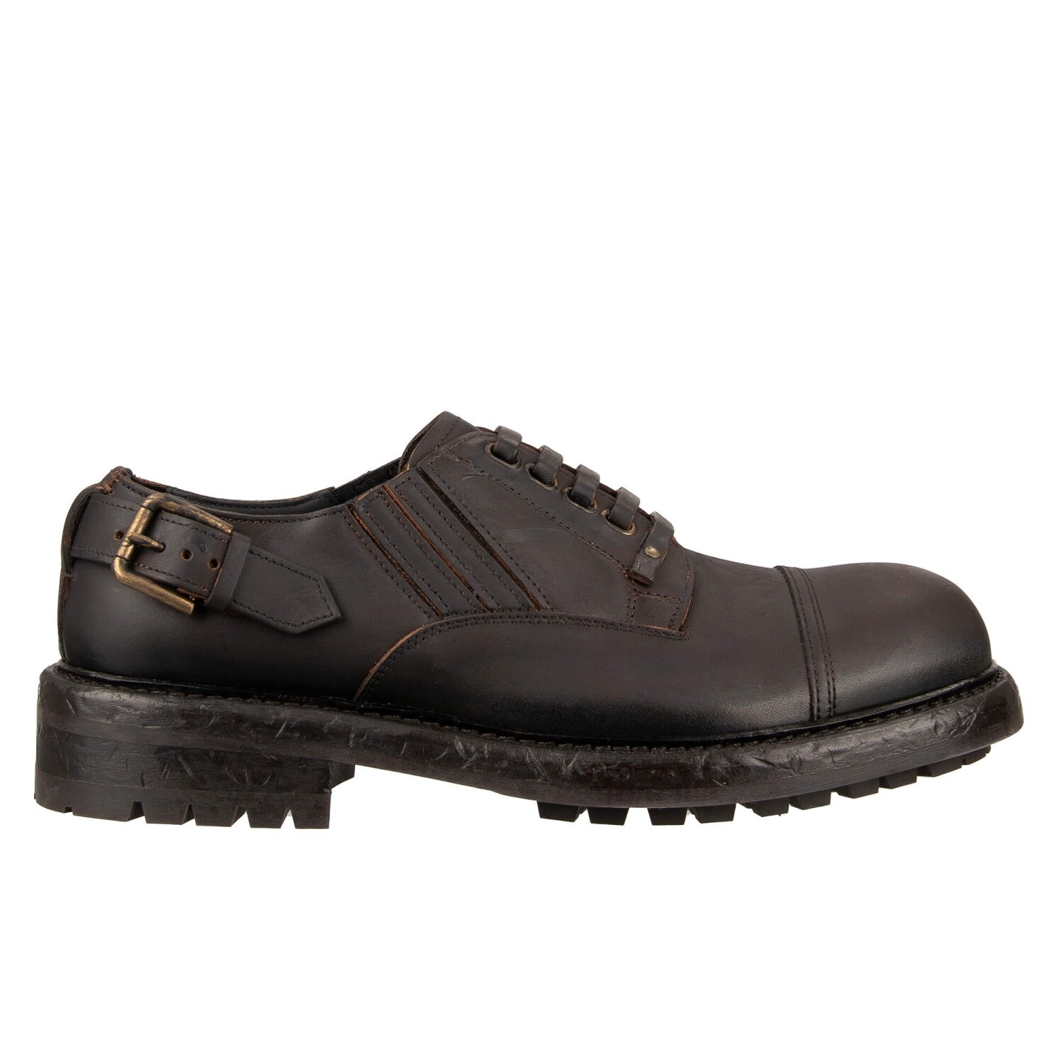 DOLCE & GABBANA Vintage Effect Buckle Leather Derby Shoes BERNINI Brown 13094