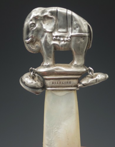 ANTIQUE WEBER STERLING SILVER CIRCUS ELEPHANT BABY RATTLE MOP HANDLE MARKED - Picture 2 of 7