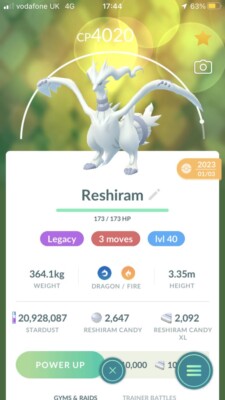 Pokémon Trade Go Level 40 - Reshiram 3 Moves mit Legacy Move Fusion Flare