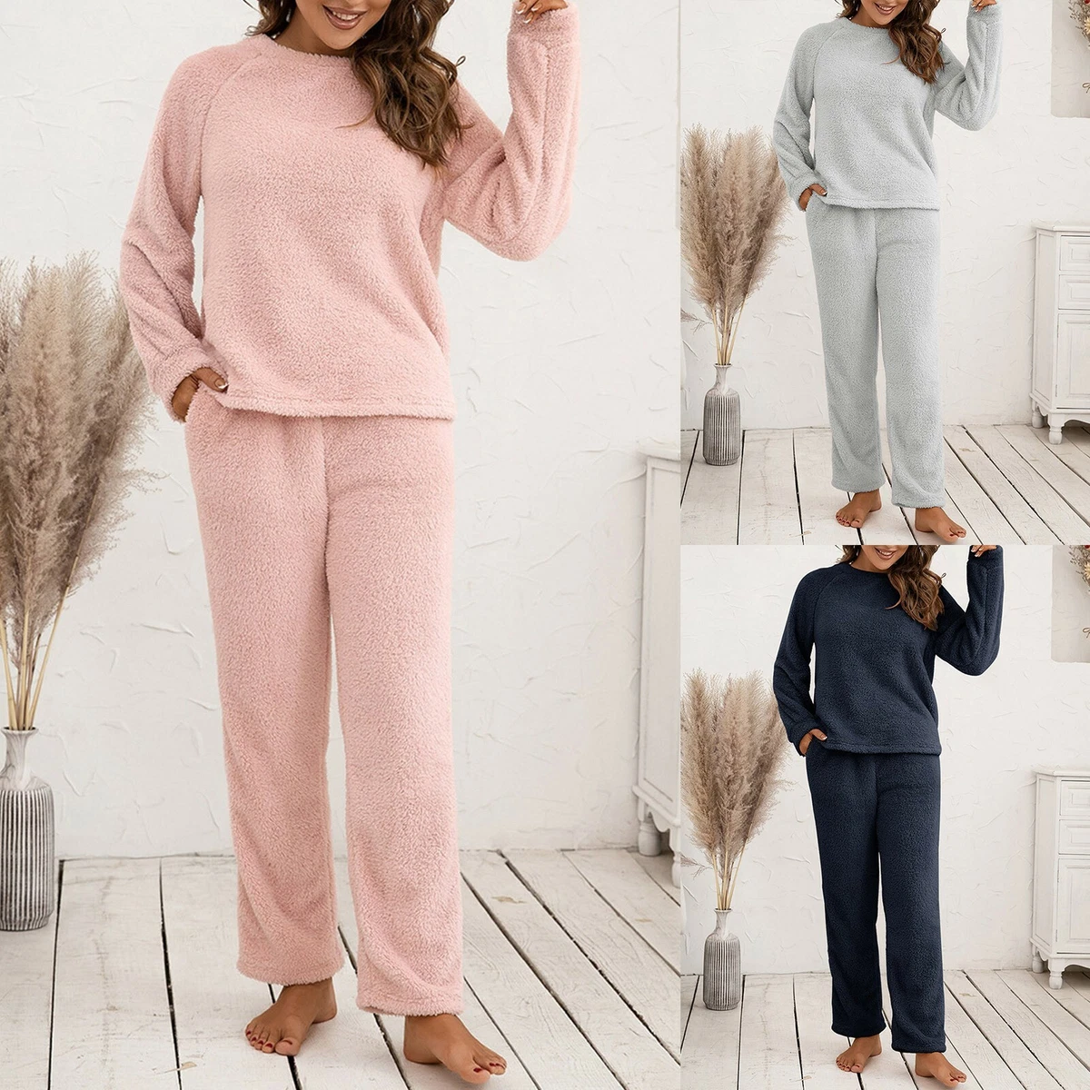 Women Girls Fleece Pajama Set Two Piece Long Sleeve Top Bottoms