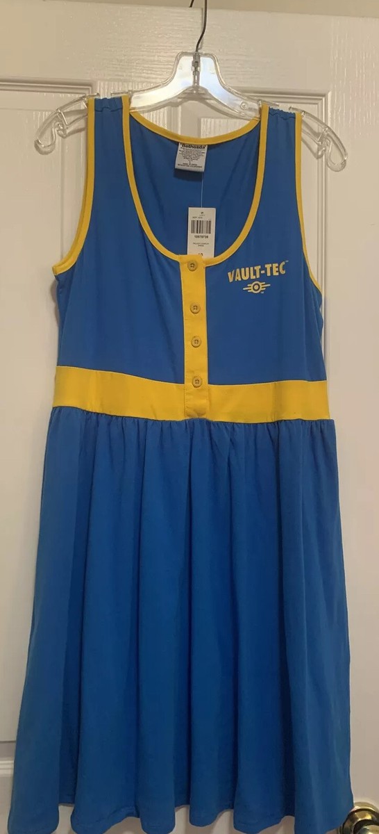 NWT Fallout 4 Women's Dress Cosplay Vault 111 Blue Yellow Hot Topic Size L 