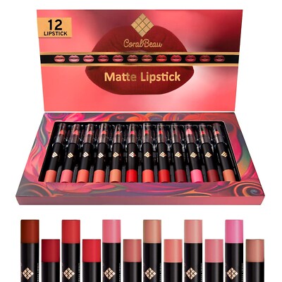 Matte Lipstick Set - 12-Piece Lip Crayon Pack with Nude, Pink, Mauve & Red Shade
