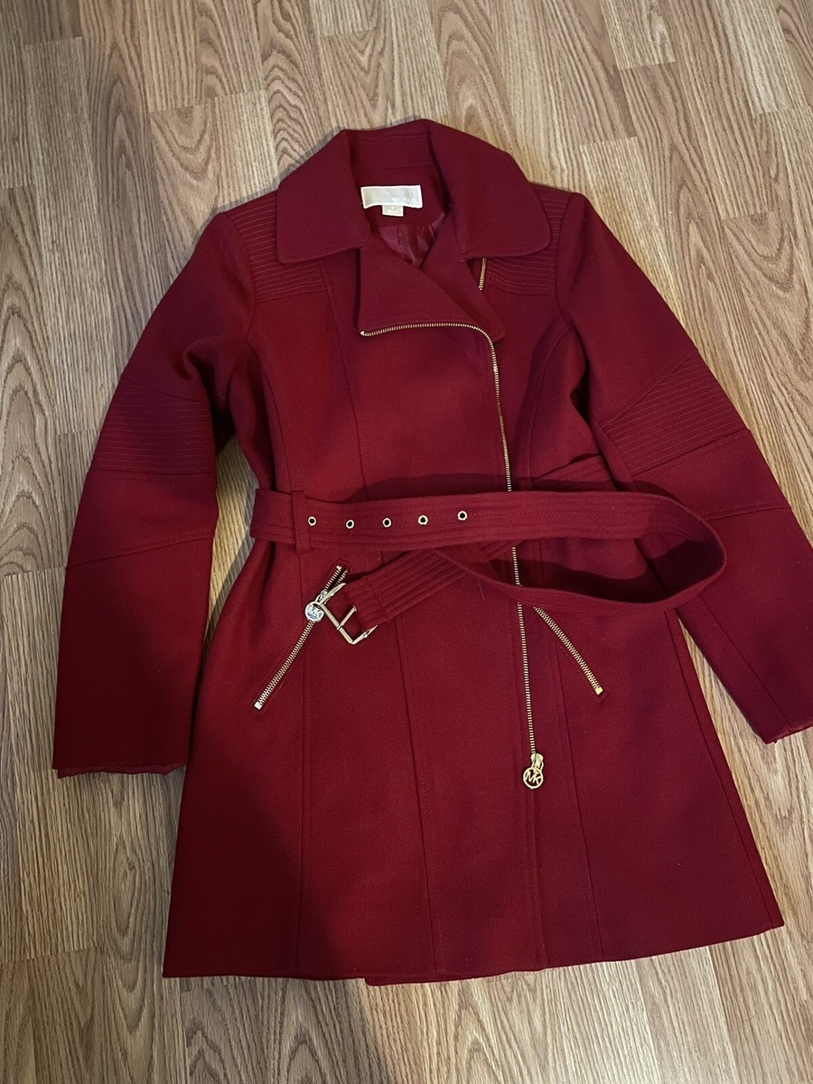Michael Kors Burgundy/Red Belted Wool Blend Peacoat Asymmetrical