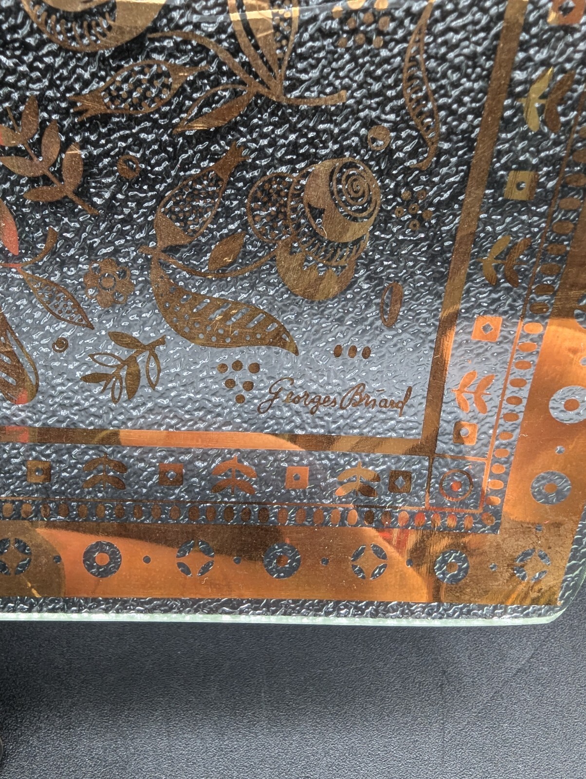 VTG MCM Georges Briard Glass Tray 12"x12" Plate Persian Garden 22k Gold Signed