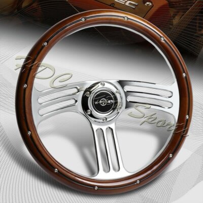 W-Power 350MM 14'' Dark Wood Grip 6-Hole Chrome 3-Spoke Vintage Steering Wheel