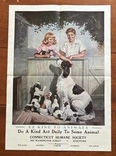 1949 Original Be Kind to Animals Poster. Connecticut Humane Society By Megargee