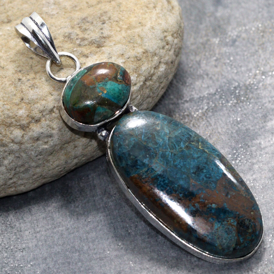 925 Silver Plated Chrysocolla Ethnic Long Pendant Jewelry Size 2.6