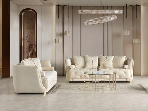 NEW Luxe White Cream Gold 2PC Sofa Chenille Fabric Contemporary Living Room Set | eBay