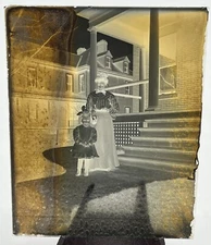 GLASS PLATE NEGATIVE Mother & Daughter in Front of Porch
