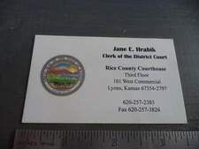 KANSAS Rice County Court Clerk Jane E. Hrabik Business Card, authentic item!
