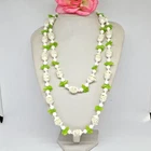 Vintage White Green Flower Bead Necklace 60s/70s 50" Long Retro Costume Jewelry