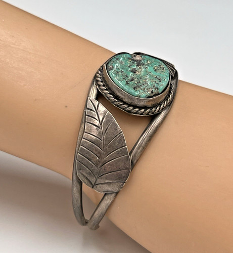 Vtg Navajo Sterling Turquoise Leaves Cuff Bracelet, Native American
