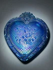 VTG Fenton Large Blue Carnival Glass Iridescent Heart Shaped Box Wild Strawberry