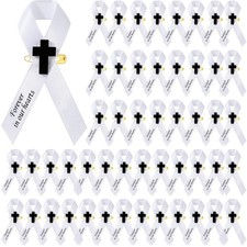 50 Pcs Memorial Funeral Ribbon with Cross Pins Respect Ribbon Bow Forever in ...