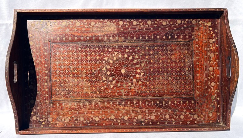 Antique Anglo-Indian Brass Inlay and Wooden Serving Tray