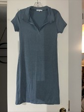 Antistar Rib Knit Dress Bodycon Short Sleeve V-Neck Blue Knee Length Medium M