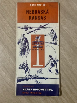 #ad VINTAGE 1950s HUSKY HI POWER NEBRASKA KANSAS ROAD MAP GAS OIL ADVERTISING $54.98