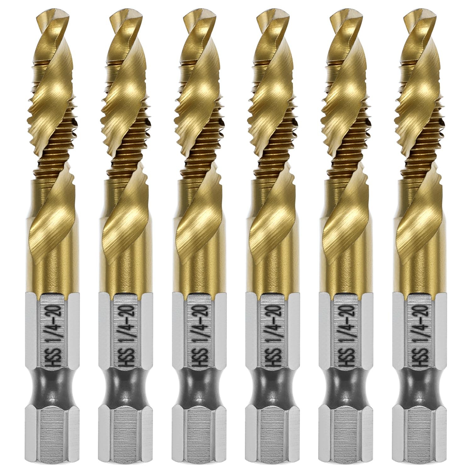 QWORK 6pcs Drill Tap Bit Set 1/4"-20 UNC Titanium Coated HSS – One-Step...
