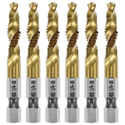 QWORK 6pcs Drill Tap Bit Set 1/4''-20 UNC Titanium Coated HSS   One-Step...