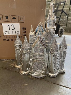 EX-LARGE CRUSHED DIAMOND SHINY PRINCESS CASTLE CRYSTAL SILVER ORNAMENT BLING