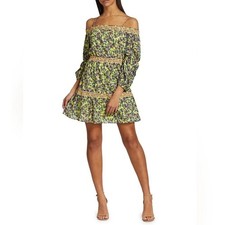 Alice + Olivia Lime Green Floral Off-The-Shoulder Mini Dress Long Sleeves Size 2