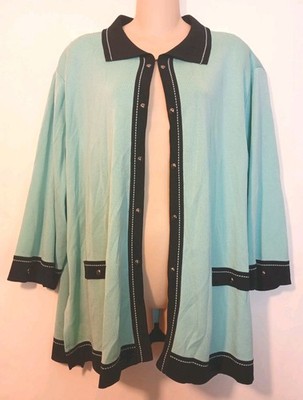 Ming Wang Plus Mint Green Black Knit 3/4 Sleeve Cardigan Jacket Size 3X    A122