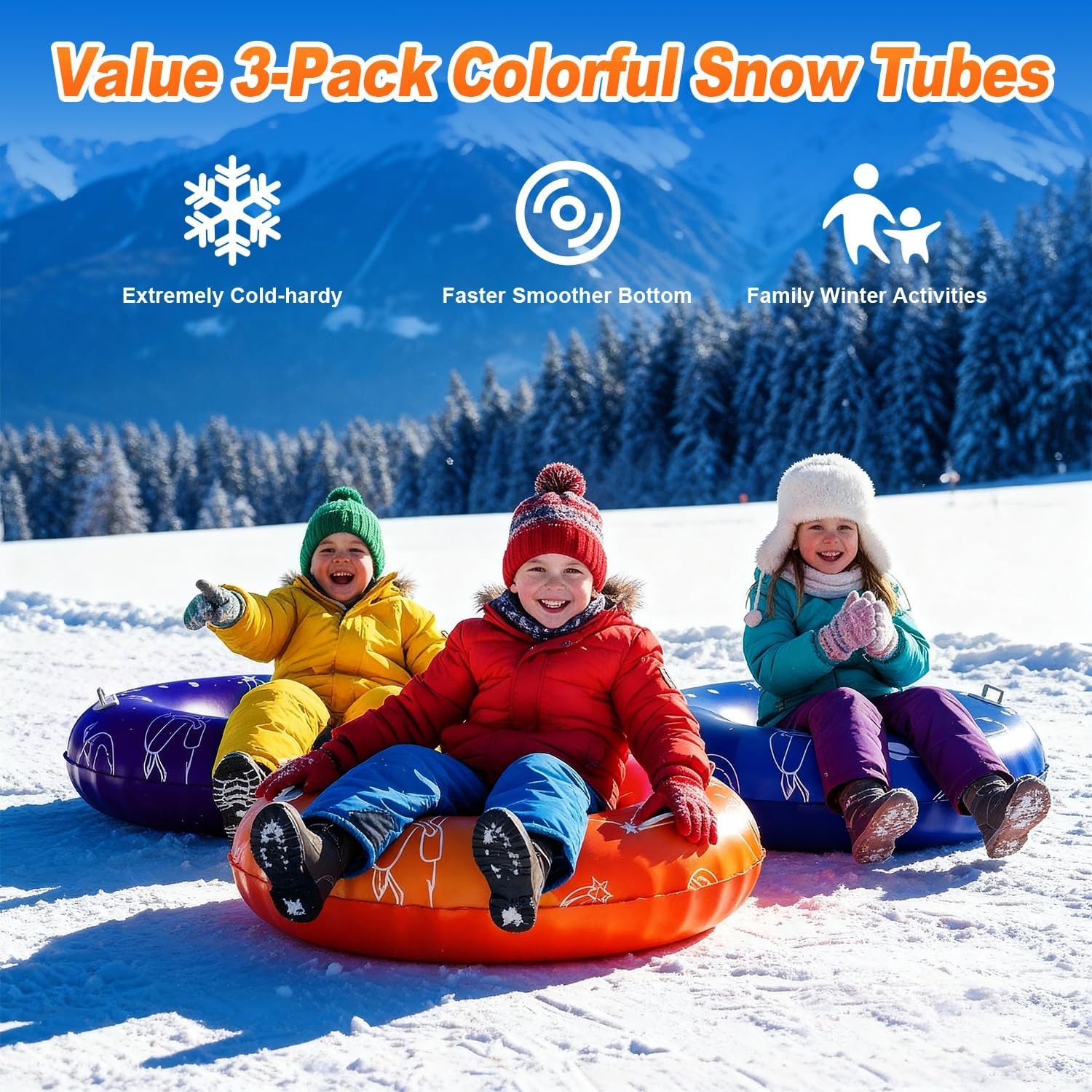 3Pack 36" Snow Tubes for Kids & Adults - Cold-Resistant Inflatable Snow Sleds, H