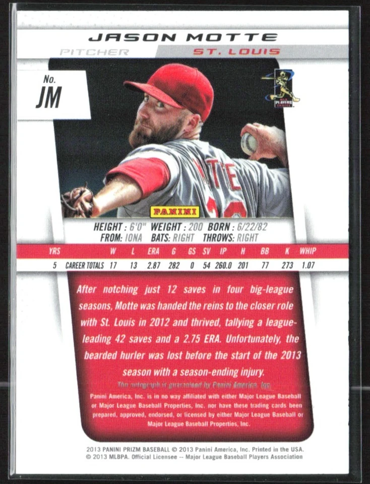 Jason Motte 2013 Panini Prizm Autographs Auto #JM St. Louis Cardinals - Image 2 of 2