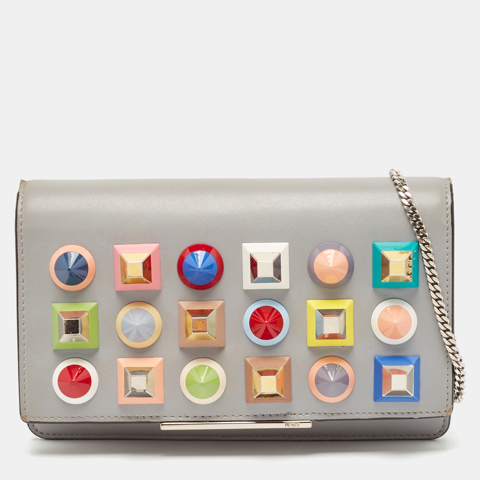 Fendi Grey Leather Studded WOC Crossbody Bag  