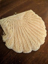 Ivory Beaded Evening Bag Clutch Purse with Metal Frame and Chain Handle