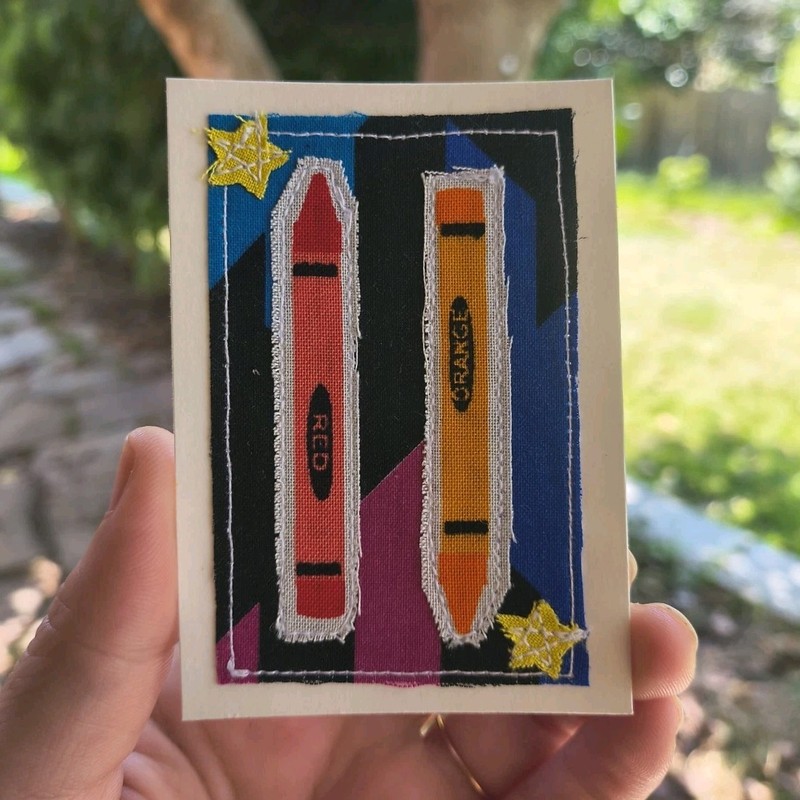 Aceo Original Fabric Collage Red And Orange Crayon With Yellow Stars