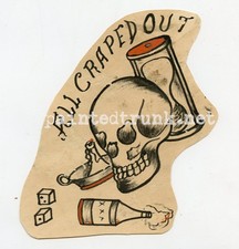 original antique unk texas 1930s mans ruin skull tattoo flash cut folk art 3x6