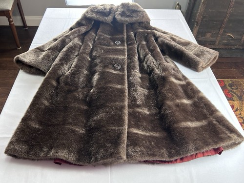 Vintage Glam Brown Faux Fur Swing Coat Lg-XL Mid Century Luxe Mob Wife Elegant