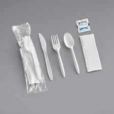 (250/Count) 6 Pcs Meal Kit - Medium Weight White Wrapped Plastic Cutlery Set