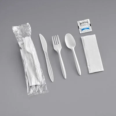 GENERIC (250/Count) 6 Pcs Meal Kit - Medium Weight White Wrapped Plastic Cutlery Set
