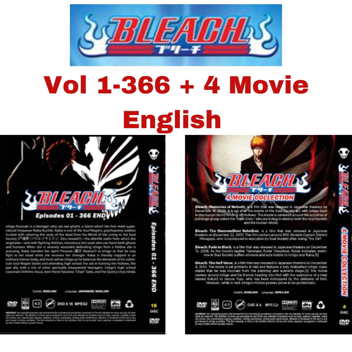 Bleach Complete Series (Episode 1-366 End) + Movies English Dub