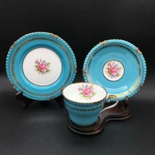 AYNSLEY 7879 TURQUOISE CABBAGE ROSE TRIO: BREAD PLATE + TEACUP & SAUCER CH6342