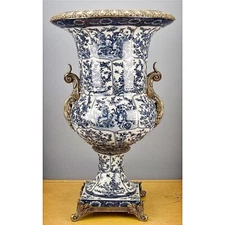 Blue, White Porcelain Chinoiserie Trophy Vase. Hand Painted. Bronze Accents-33"H
