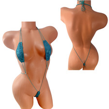 Teal Holographic Micro Slingshot Bikini, XS  XL Thong Bottom, Wet Look Clubwear