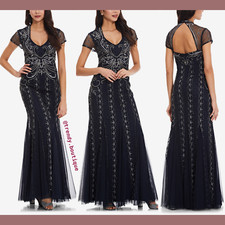 NWT $349 Adrianna Papell Beaded Short Sleeve Gown Midnight [ SZ 4 ] #Q57