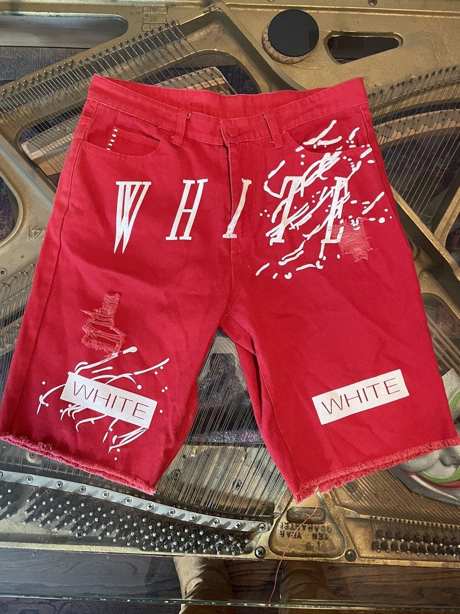 Off-White c/o Virgil Abloh Mens Red White Paint Splatter Print Denim Shorts - Main Image